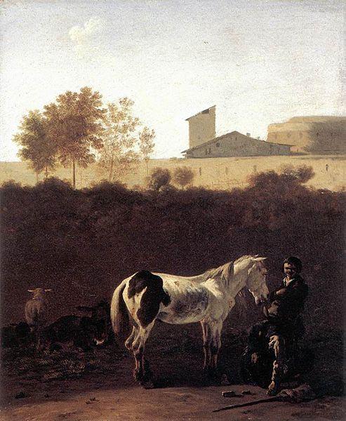 Karel Dujardin Italian Landscape with Herdsman and a Piebald Horse oil painting picture